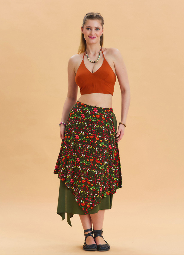 Green Casual Skirt with Elastic Waist and Tie Detail 4521